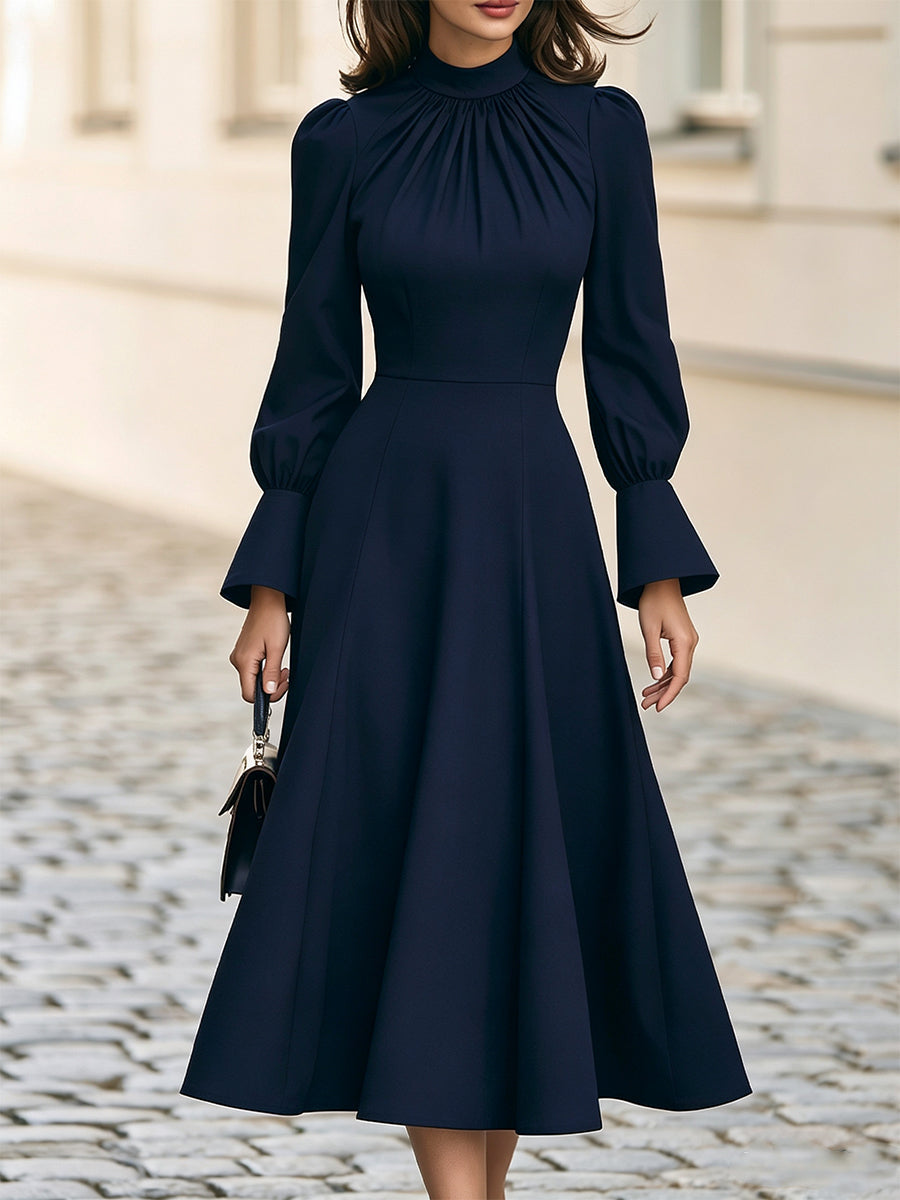 High Neck Gathered Bust  A-Line Midi Dress