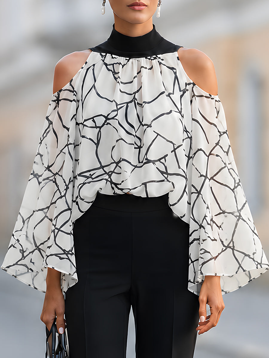 Elegant Black And White Printed Cold Shoulder Blouse