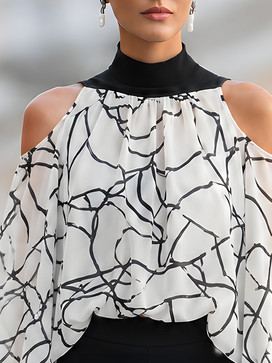 Elegant Black And White Printed Cold Shoulder Blouse