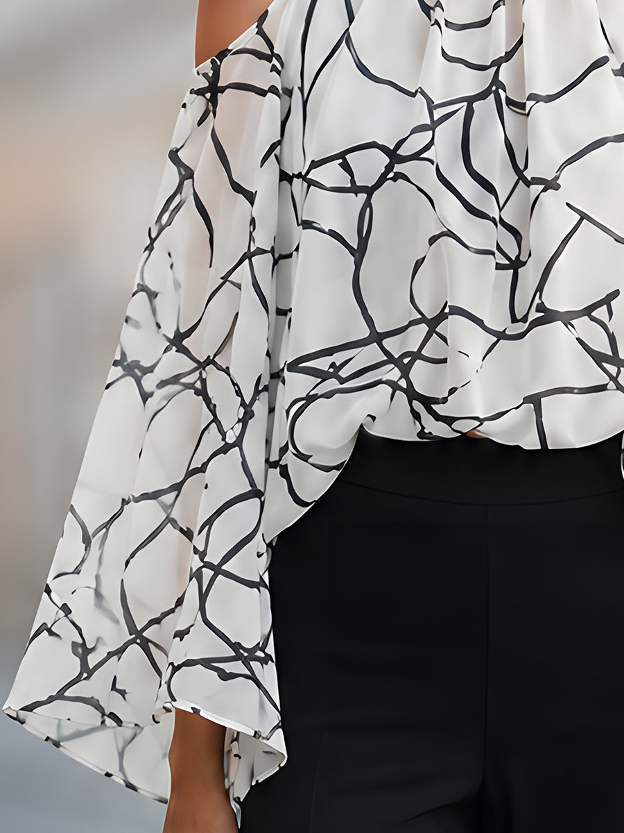 Elegant Black And White Printed Cold Shoulder Blouse
