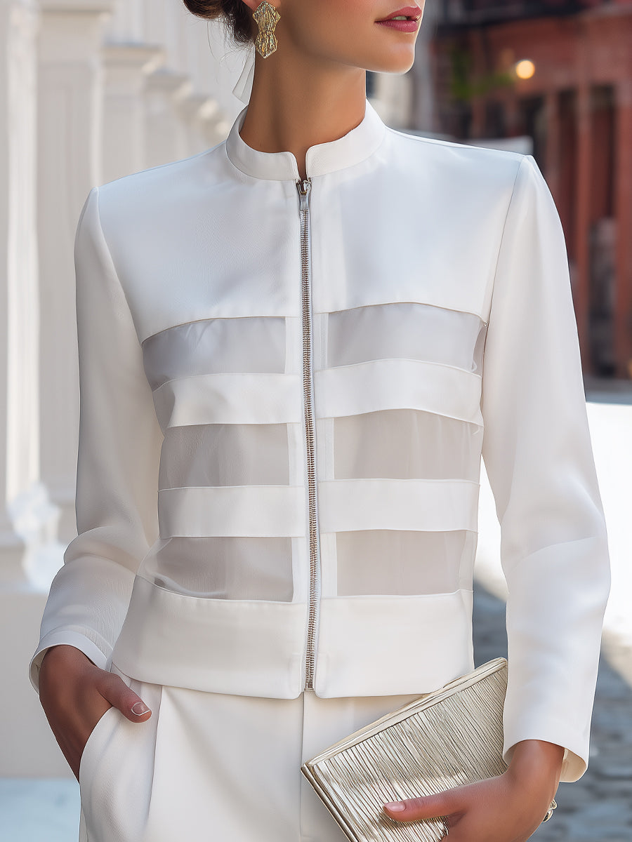 Zip Front Sheer Panel Tailored Jacket