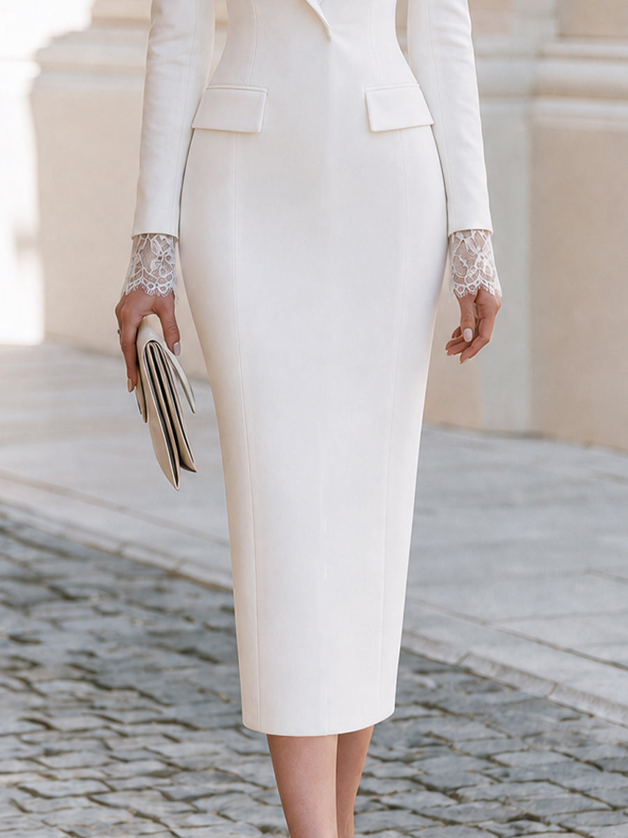 Peak Lapel Lace Insert V Neck Long Lace Cuff White Suit Midi Bodycon Dress