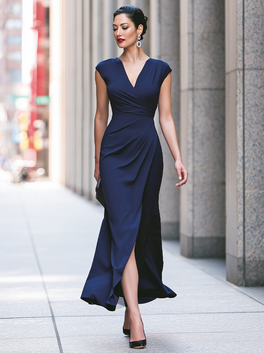 Surplice Cap-Sleeve Draped Maxi Dress
