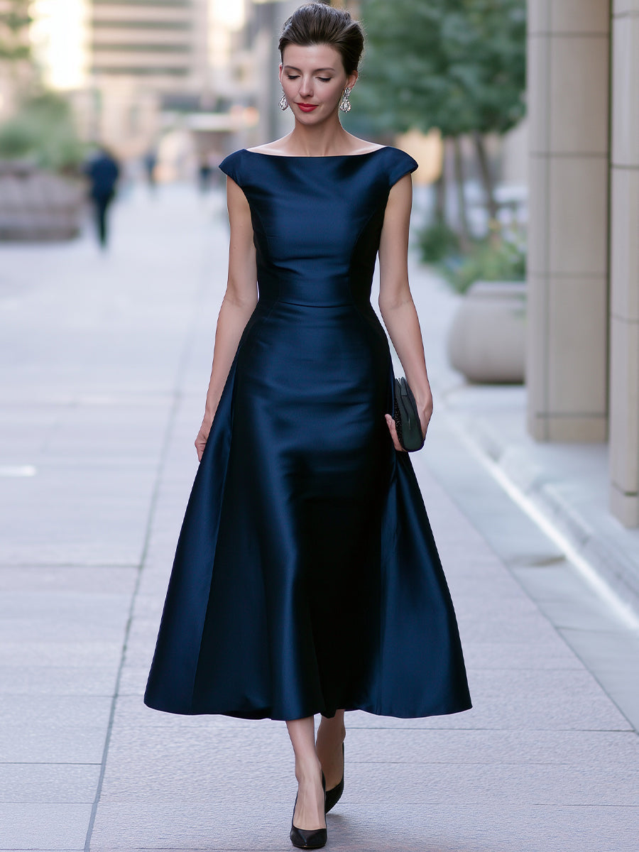 Boat-Neck Cap-Sleeve Midi Dress