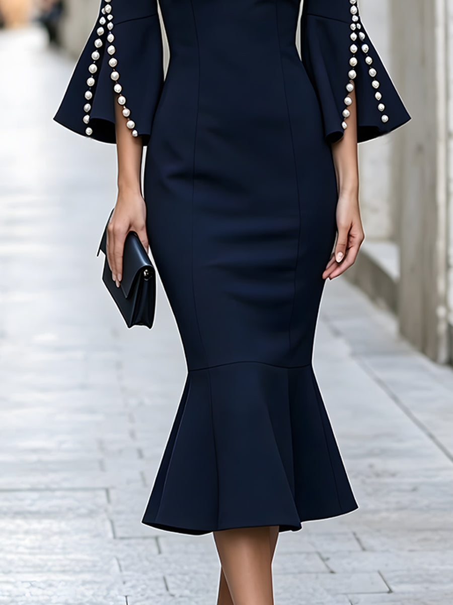 Elegant Pearl-Trim Bell Sleeve Mermaid Midi Dress