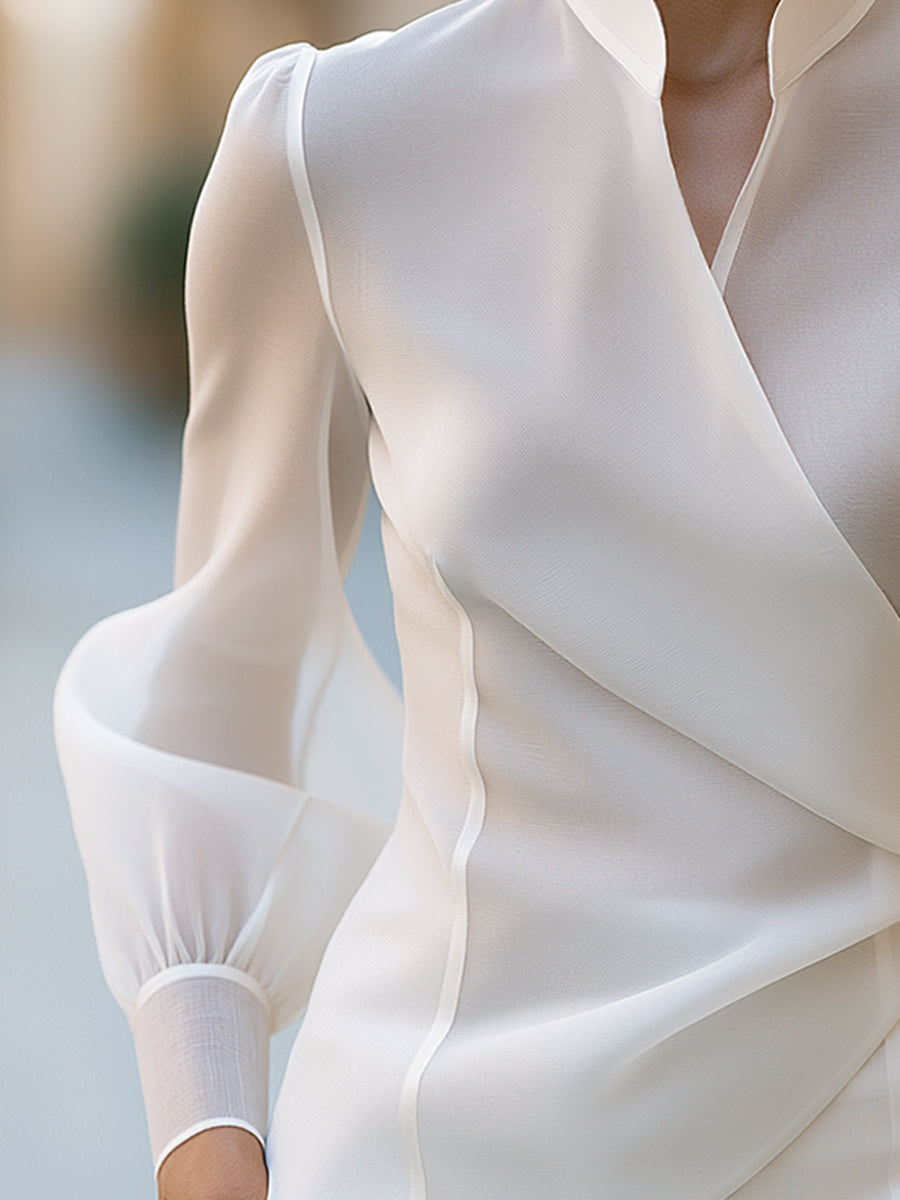 Mandarin Collar Wrap Front Sheer Sleeve Blouse