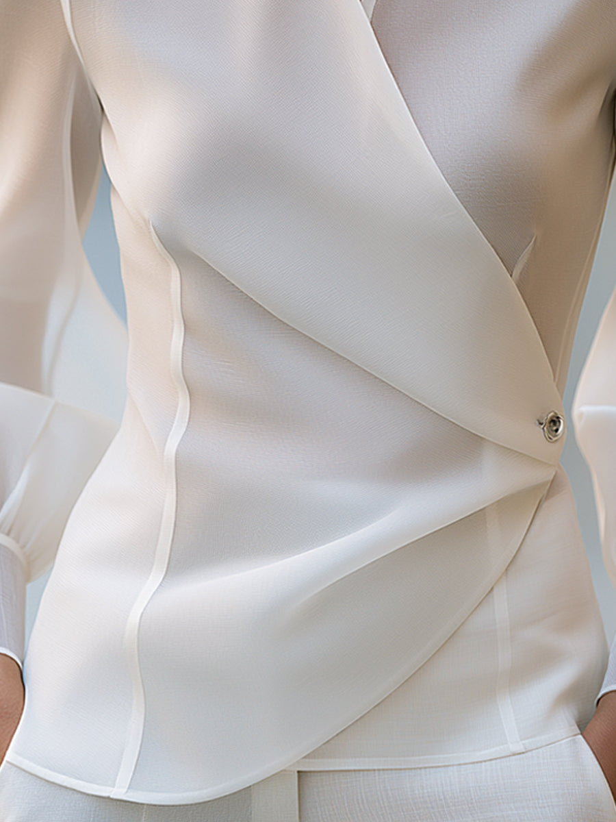 Mandarin Collar Wrap Front Sheer Sleeve Blouse