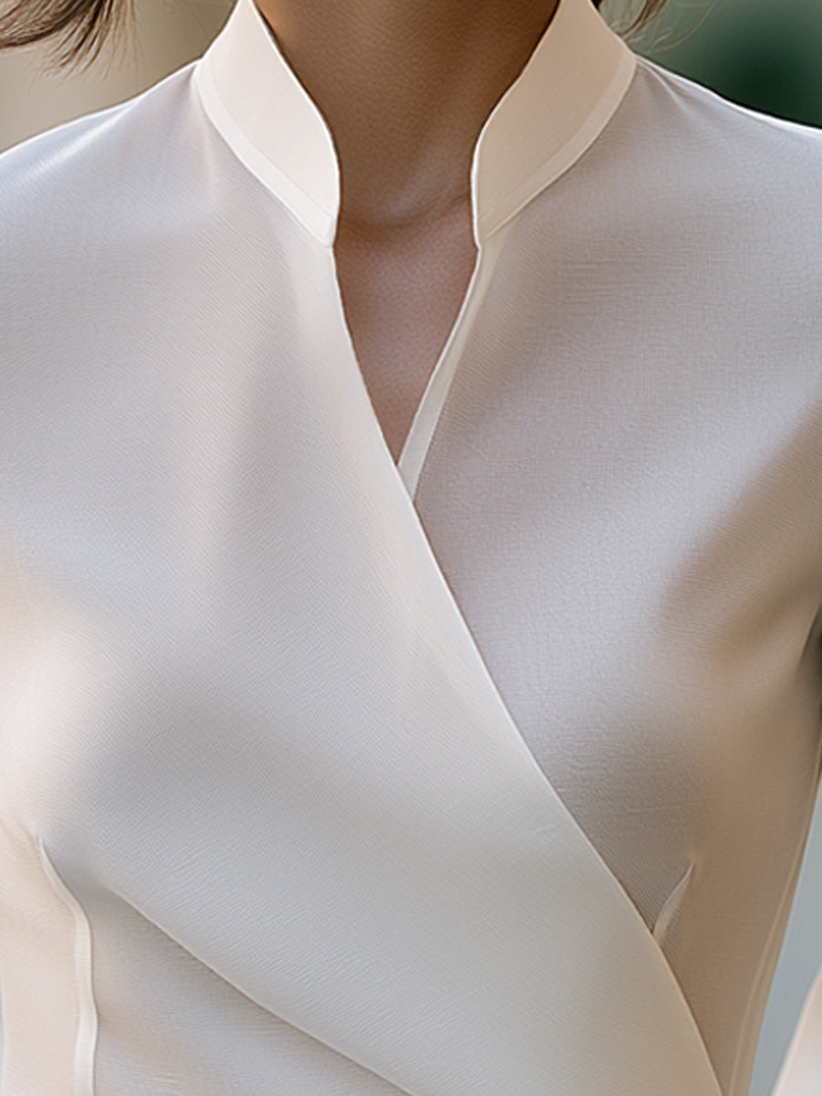 Mandarin Collar Wrap Front Sheer Sleeve Blouse