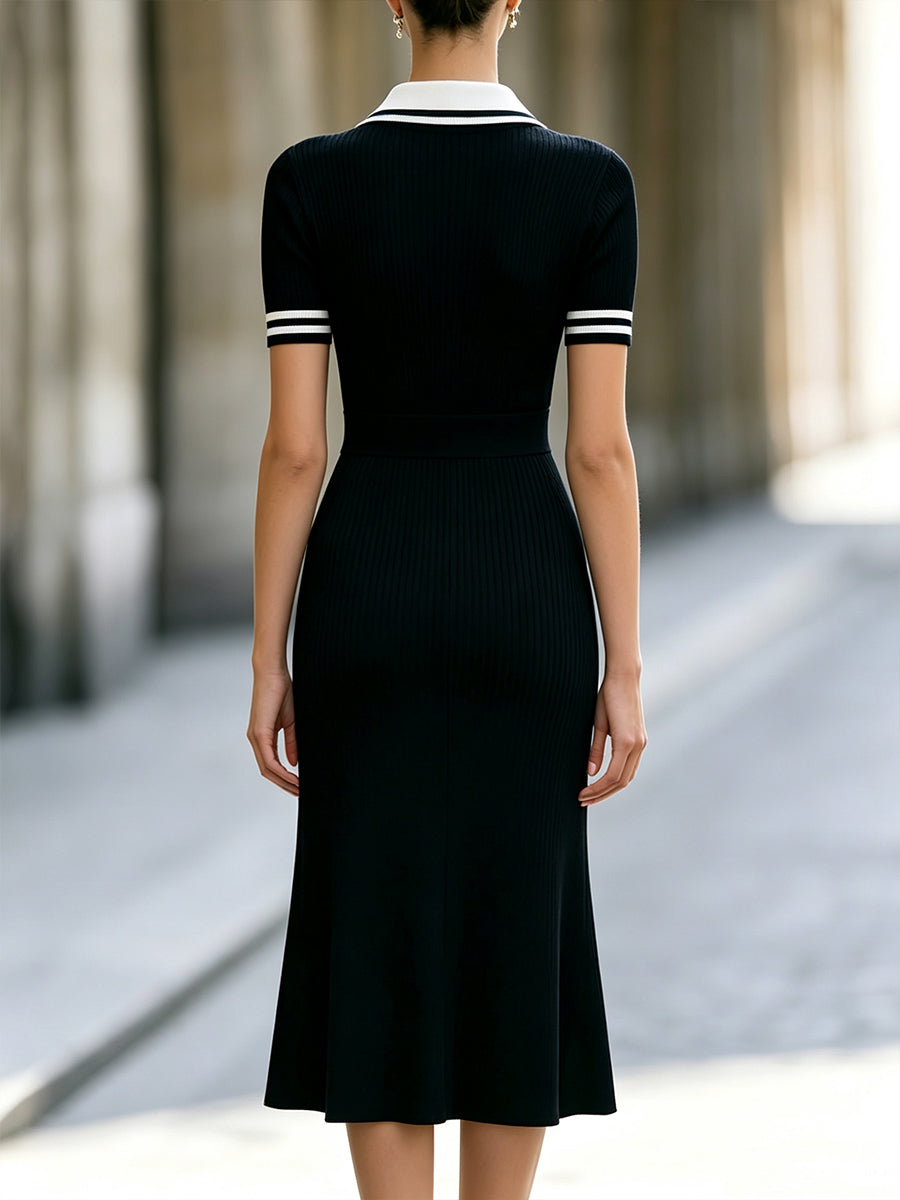 Elegant Contrast Collar Ribbed Knit Midi Dress