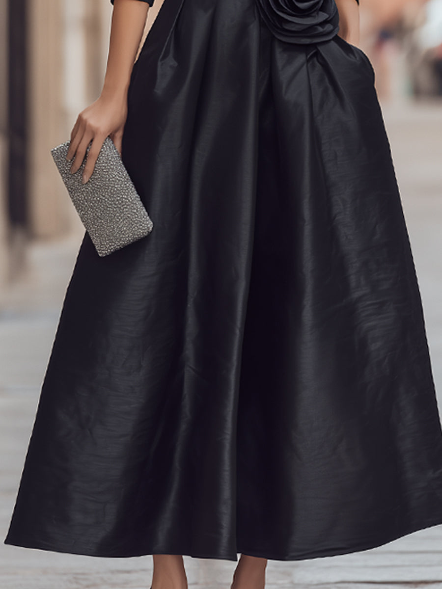 Deep V-Neck Floral-Appliqué Evening Dress With Full Skirt