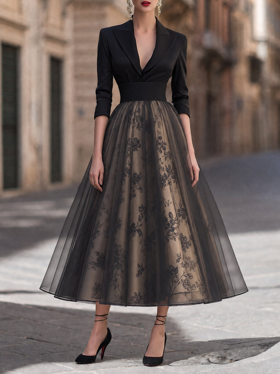 Elegant Deep V-Neck Blazer Bodice Floral Mesh Midi Dress
