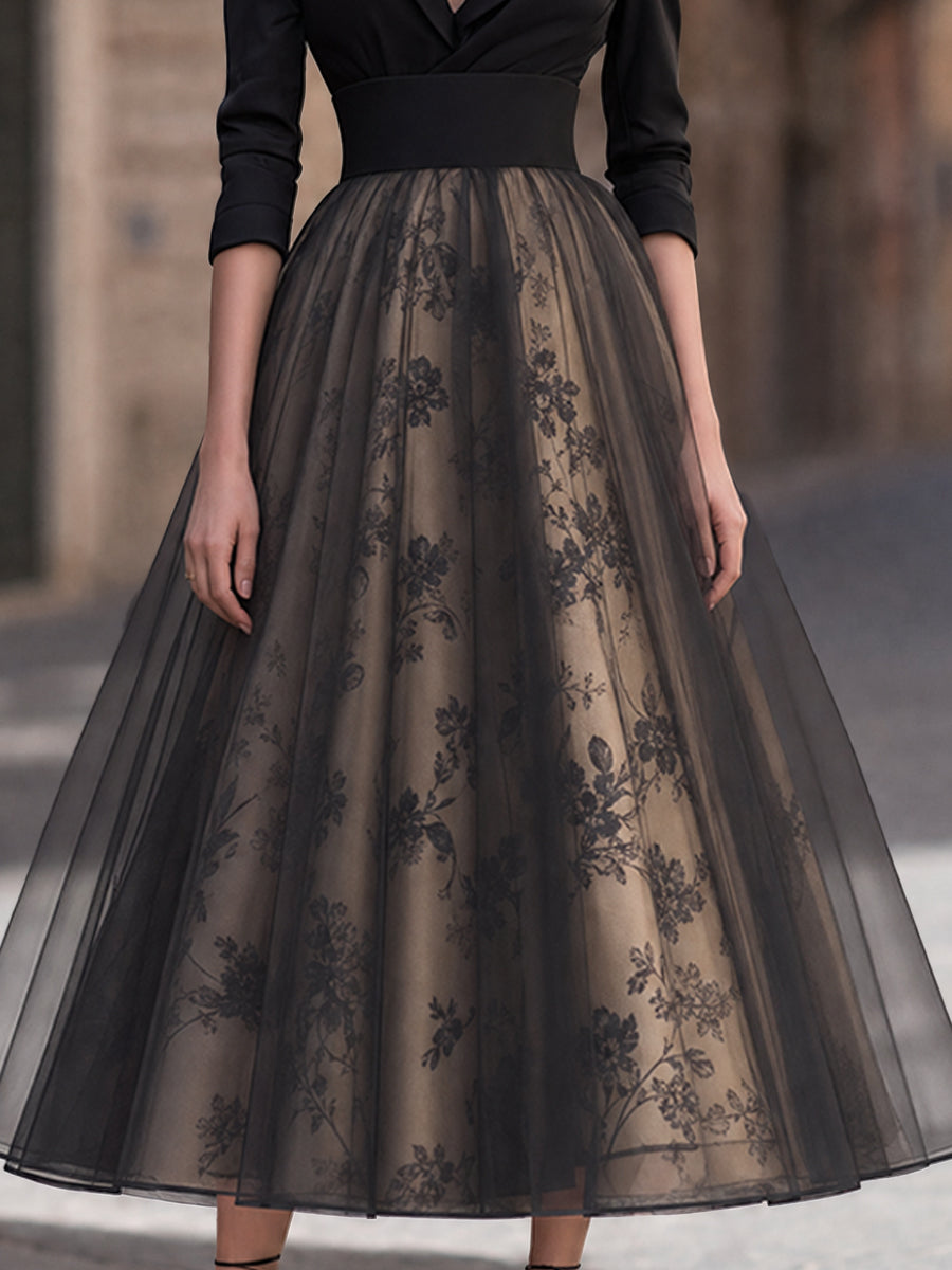 Elegant Deep V-Neck Blazer Bodice Floral Mesh Midi Dress