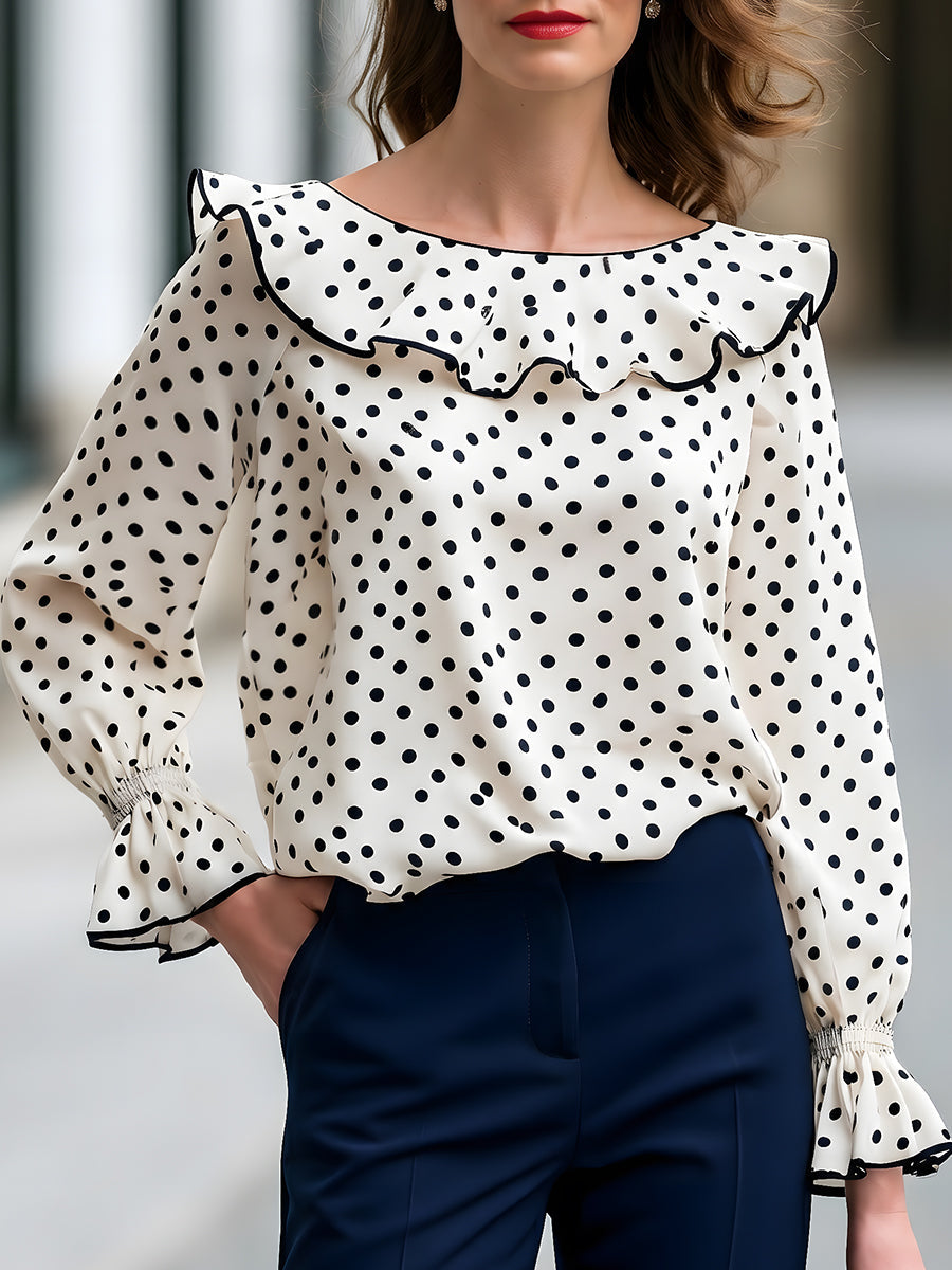 Polka Dot Ruffle Collar Long Sleeve Blouse