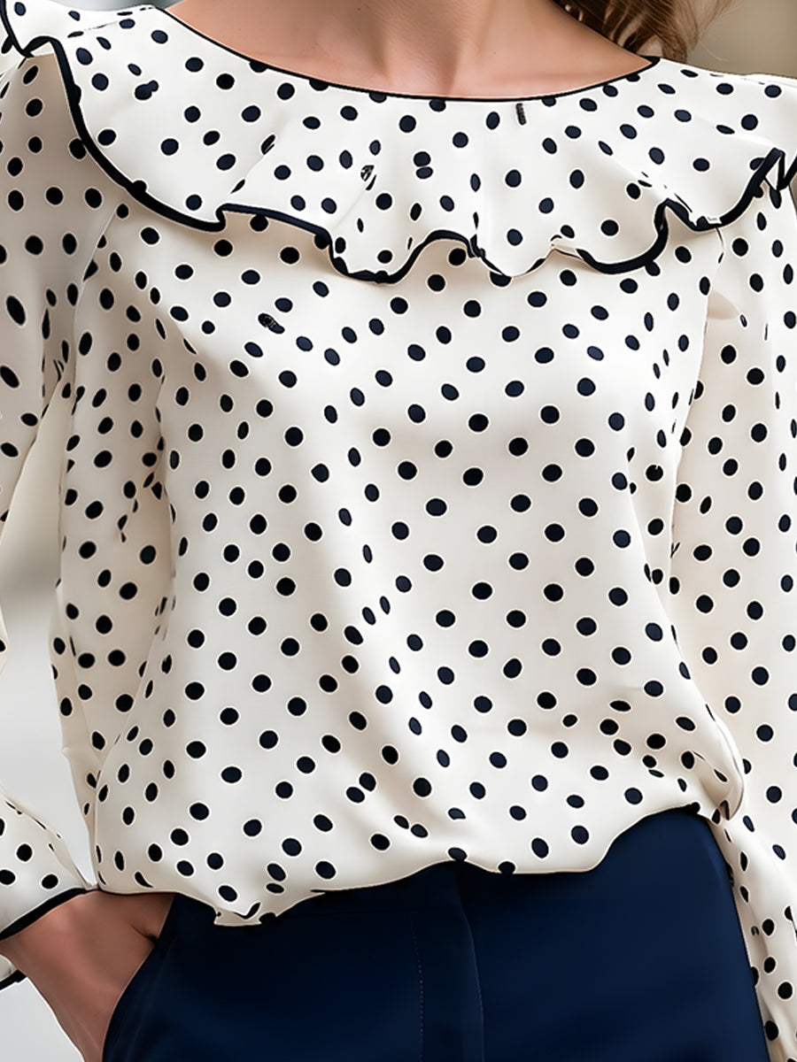 Polka Dot Ruffle Collar Long Sleeve Blouse