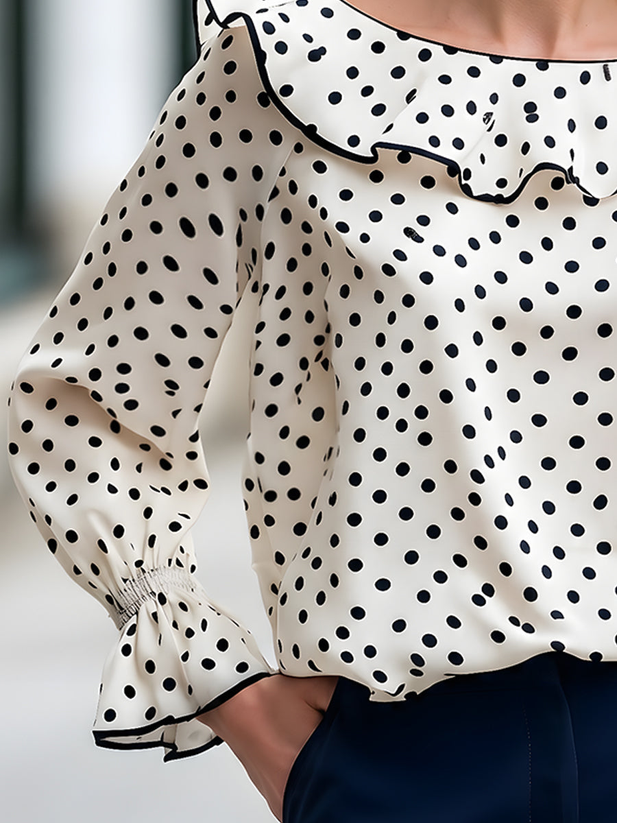 Polka Dot Ruffle Collar Long Sleeve Blouse