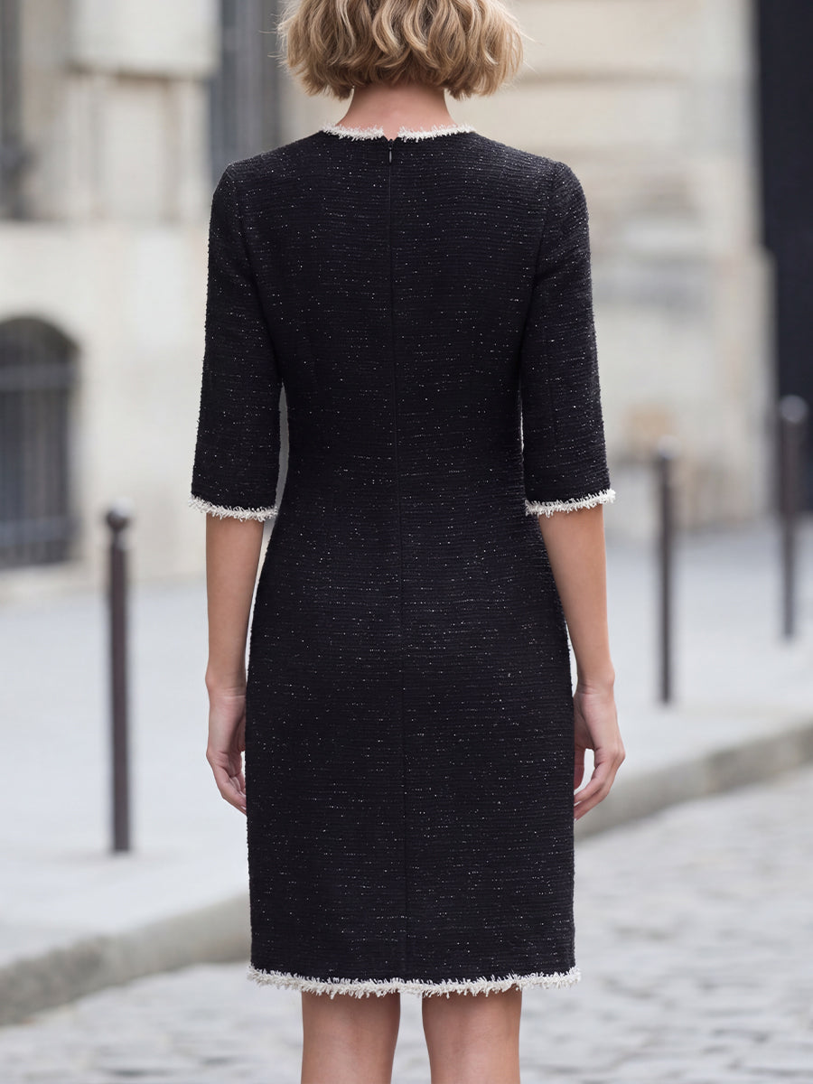 Frayed-Edge Tweed Shift Midi Dress