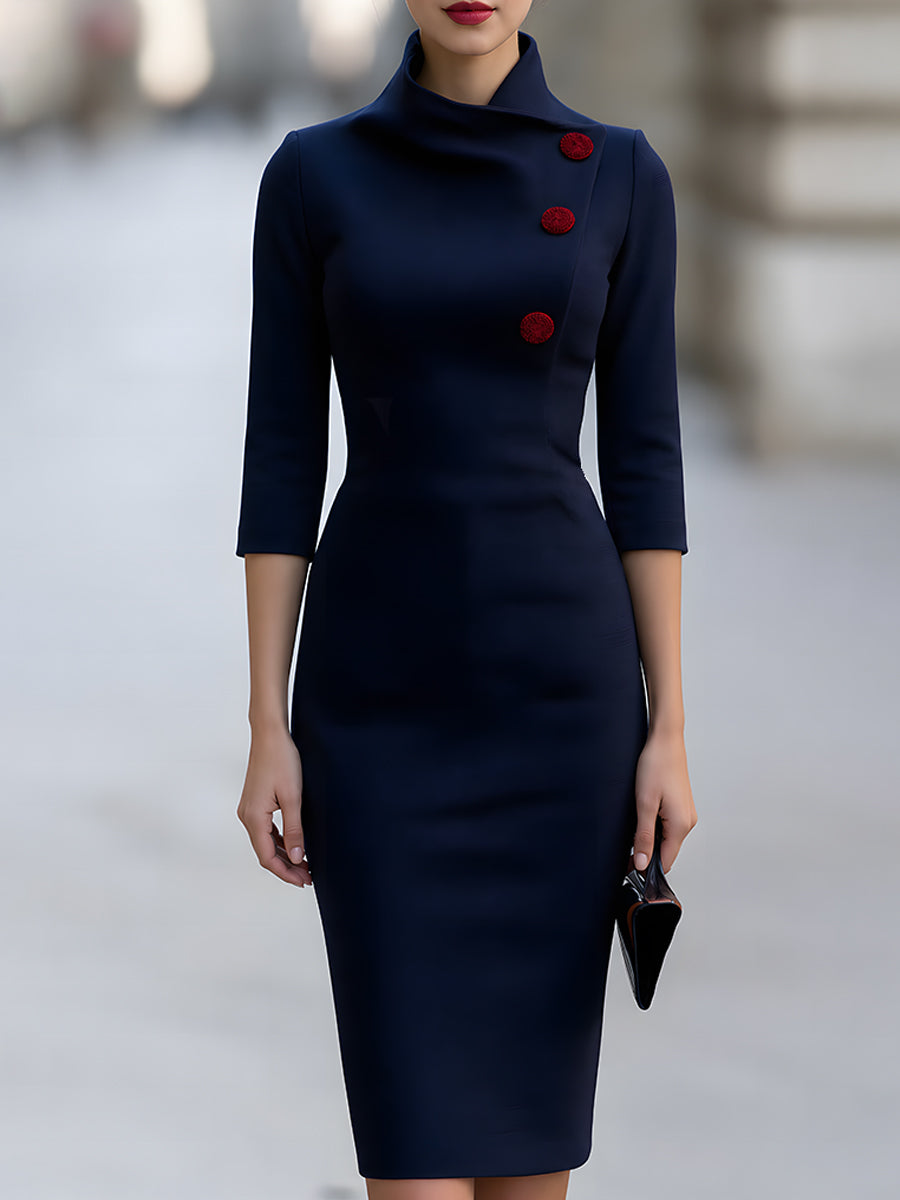 Asymmetric High-Neck Button Pencil Dress