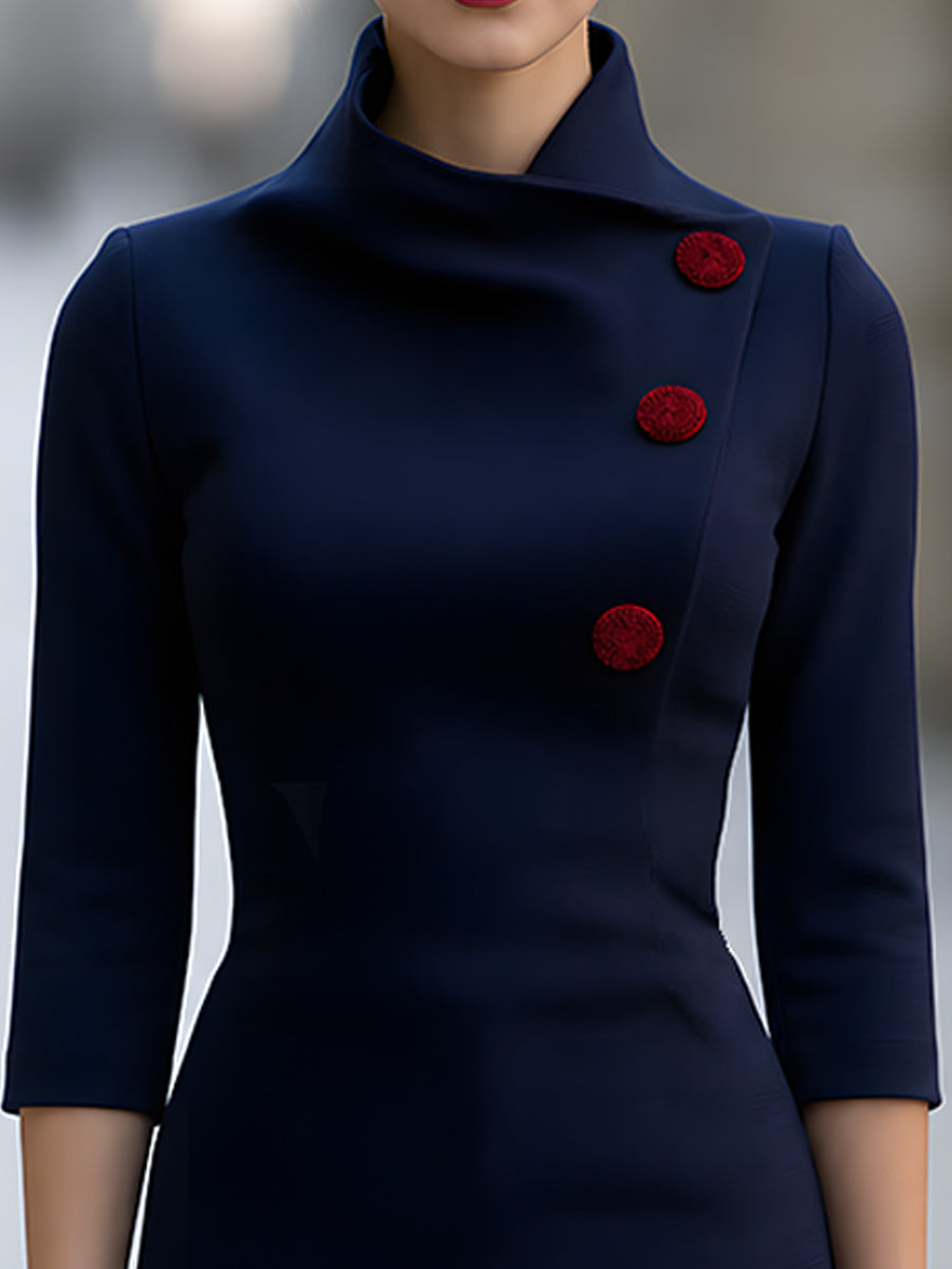 Asymmetric High-Neck Button Pencil Dress