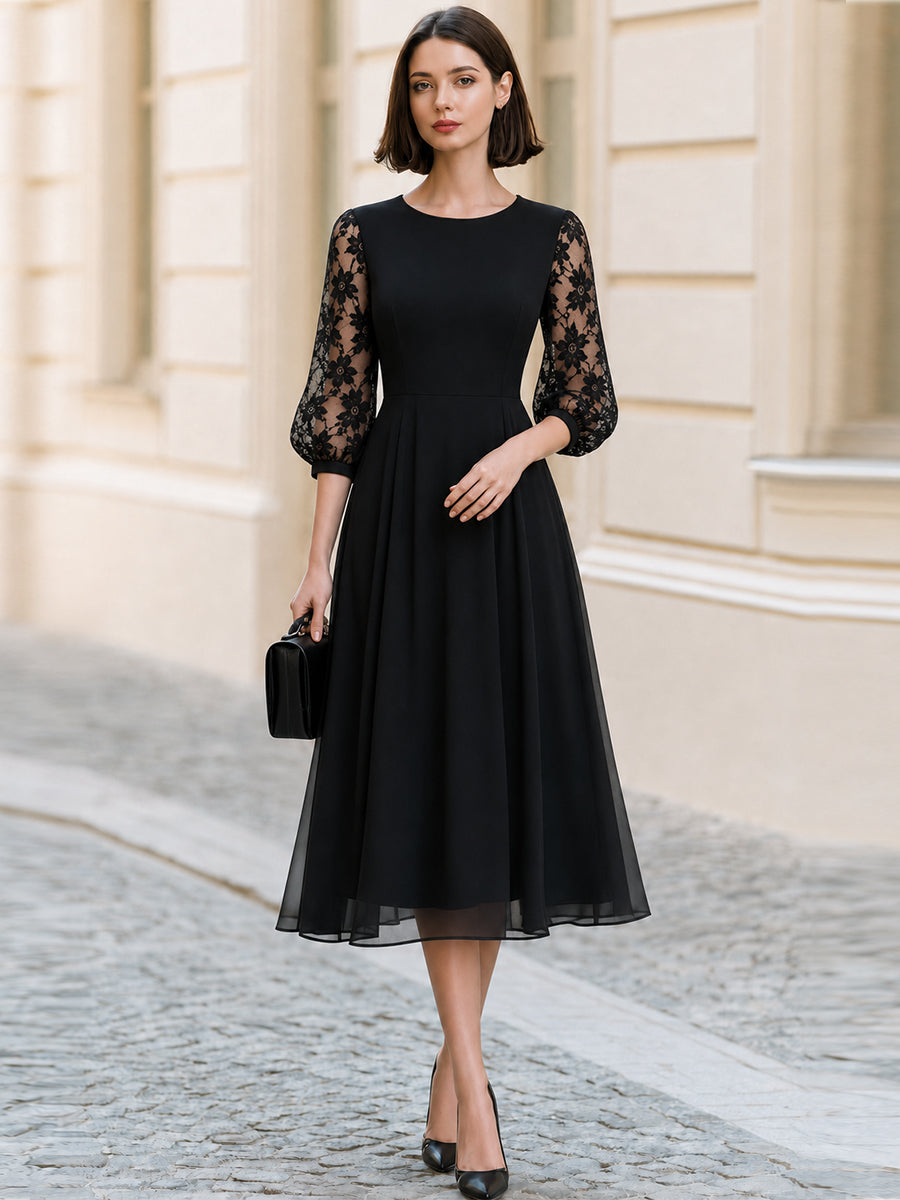 Formal Occasion Round Neck Floral Lace Puff 3/4 Sleeve  Midi A-Line Dress