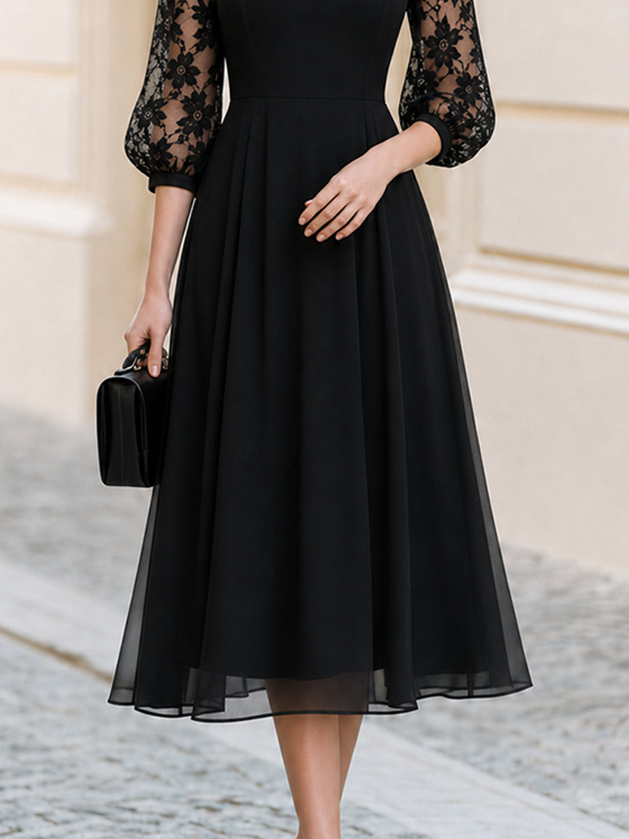Formal Occasion Round Neck Floral Lace Puff 3/4 Sleeve  Midi A-Line Dress