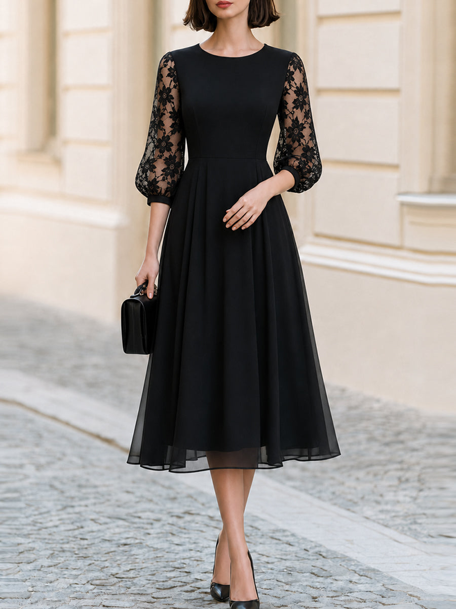 Formal Occasion Round Neck Floral Lace Puff 3/4 Sleeve  Midi A-Line Dress