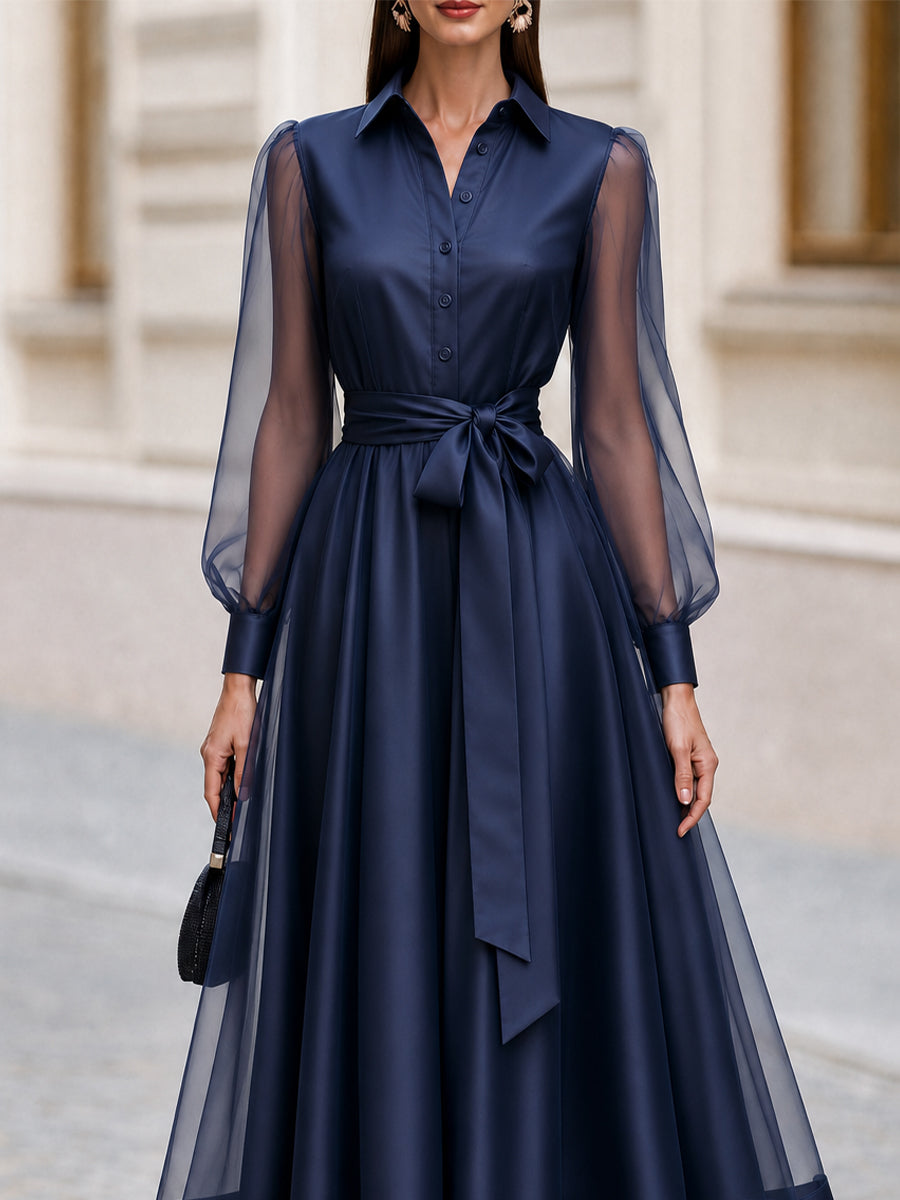 Formal OccasionSheer Tulle  Sleeve Satin Midi Shirt Dress With Self Tie Belt