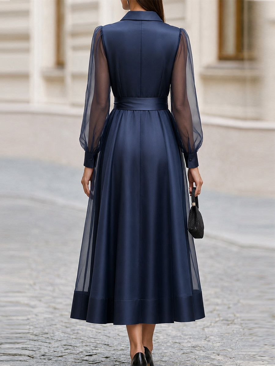 Formal OccasionSheer Tulle  Sleeve Satin Midi Shirt Dress With Self Tie Belt
