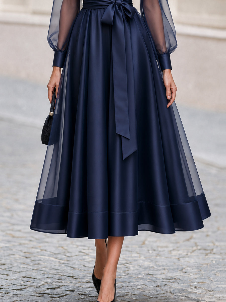 Formal OccasionSheer Tulle  Sleeve Satin Midi Shirt Dress With Self Tie Belt