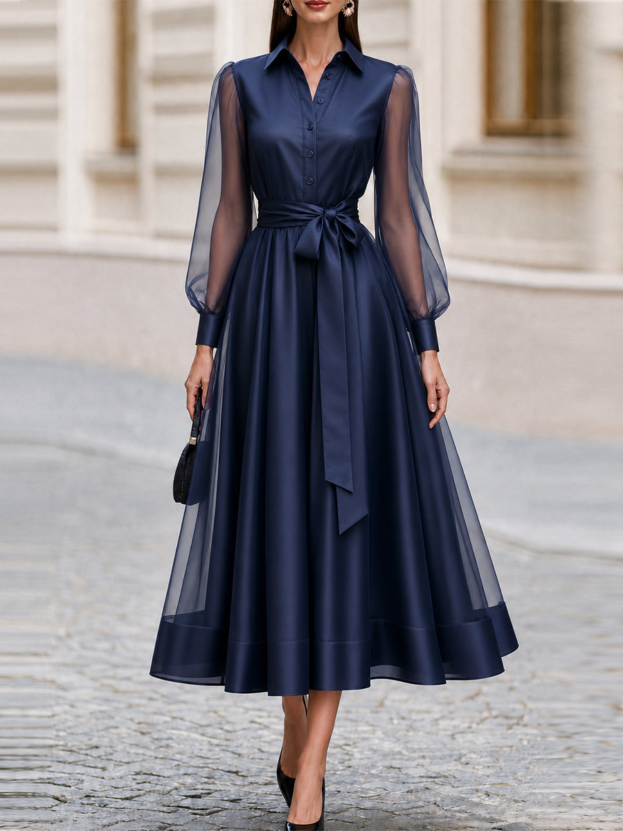 Formal OccasionSheer Tulle  Sleeve Satin Midi Shirt Dress With Self Tie Belt