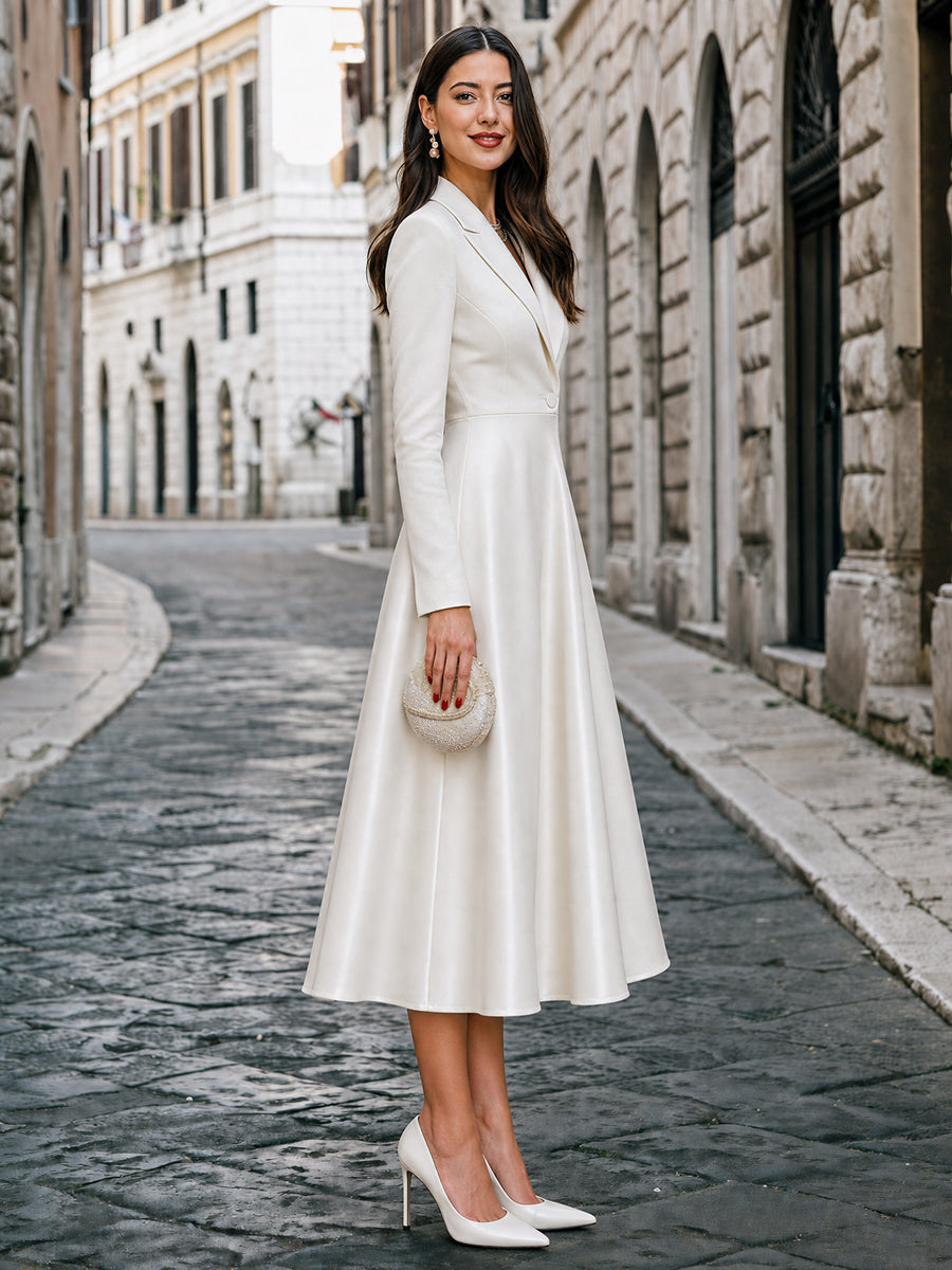 Lapel Blazer Bodice Midi Dress With Full A-Line Skirt