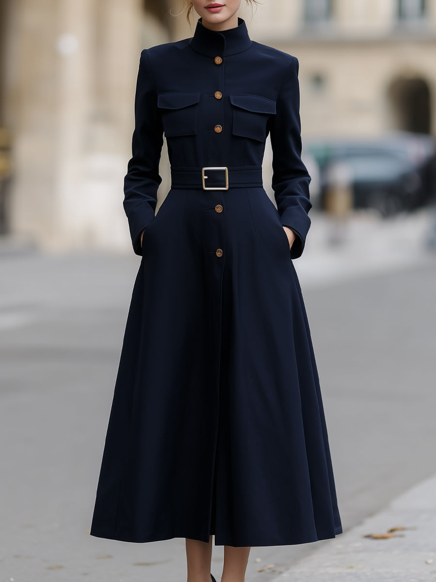 Utility-Inspired Belted Mock-Neck Maxi Dress