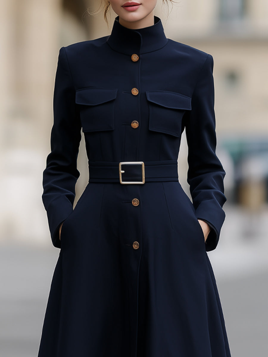 Utility-Inspired Belted Mock-Neck Maxi Dress