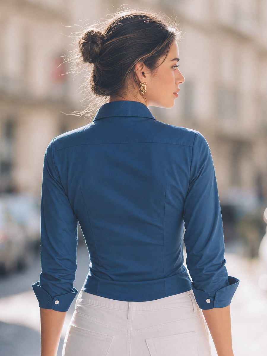 Fitted Button-Front Collared Shirt With Ruched Bust Detail