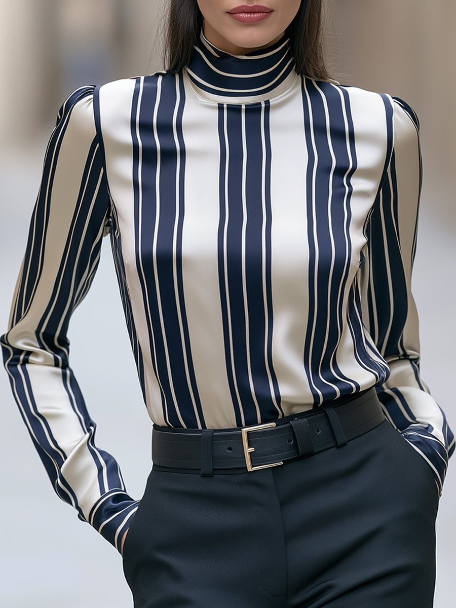 Striped Satin High-Neck Blouse