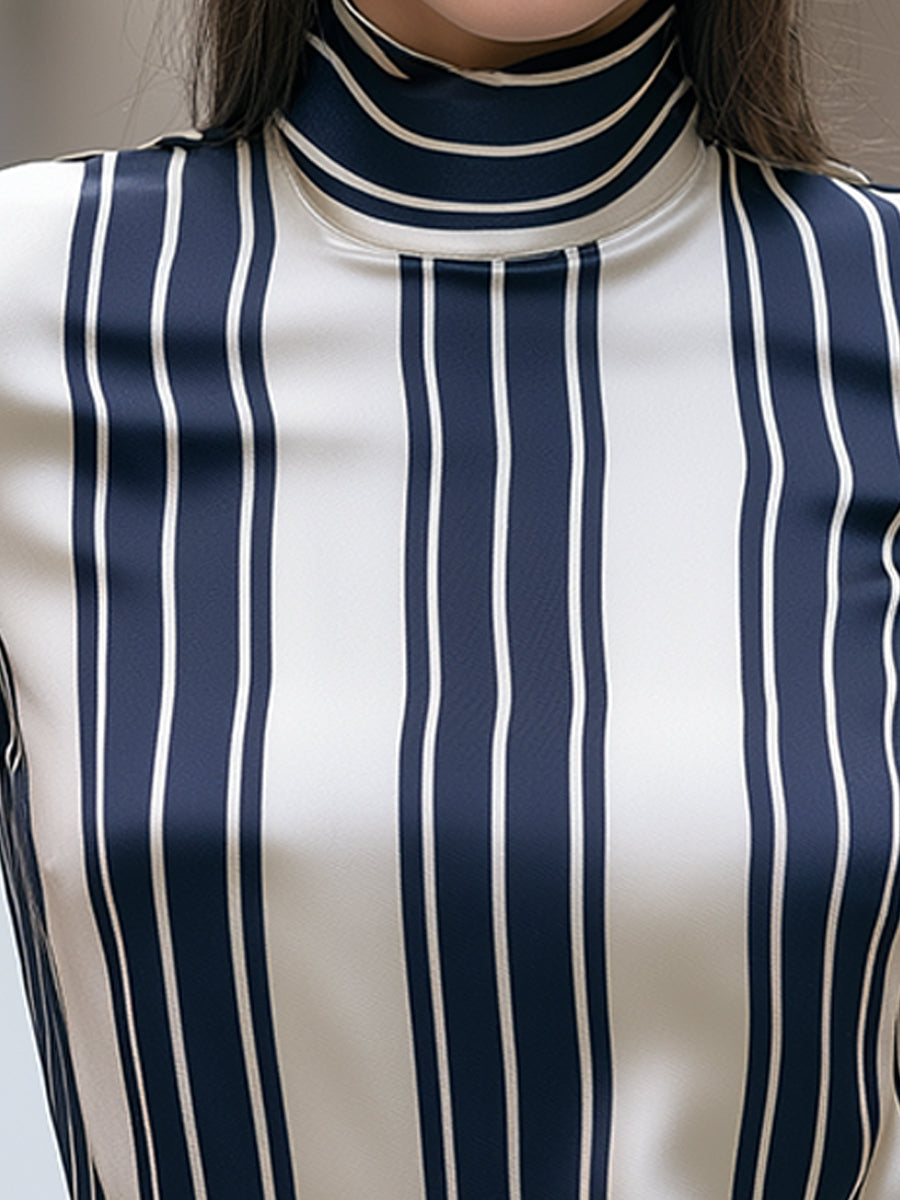 Striped Satin High-Neck Blouse