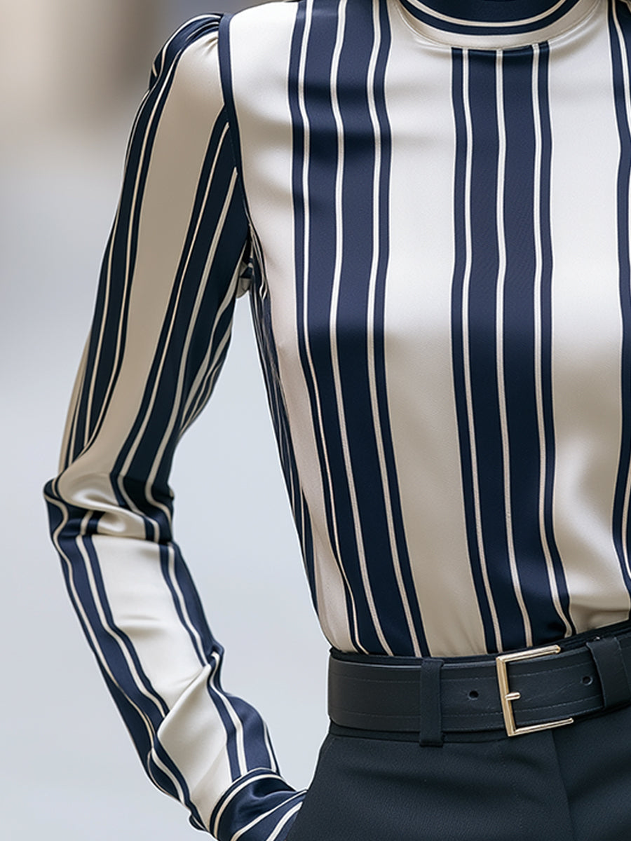 Striped Satin High-Neck Blouse