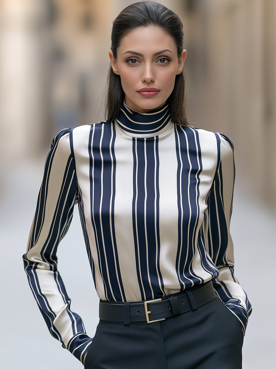 Striped Satin High-Neck Blouse