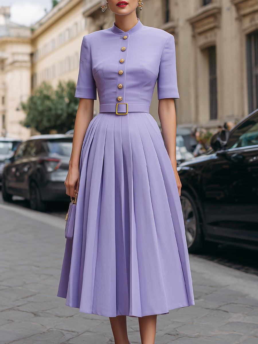 Tailored Button-Front Pleated Midi Dress