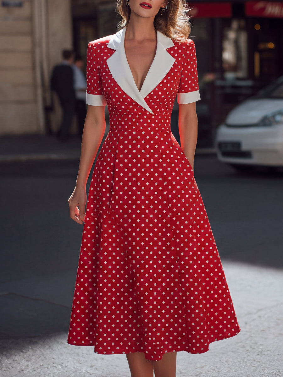 Vintage-Inspired Polka Dot Lapel Midi Dress