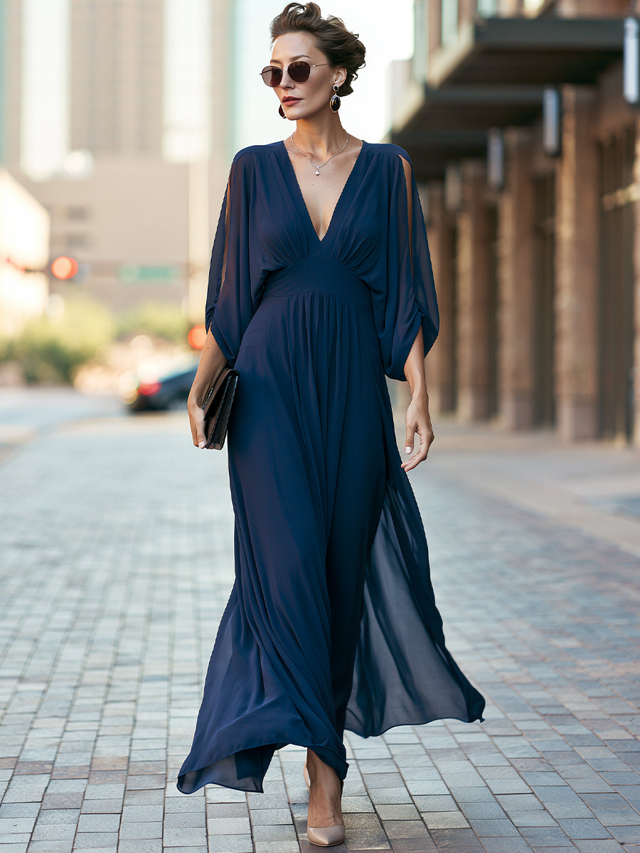 Deep V-Neck Split Sleeve Flowy Maxi Dress