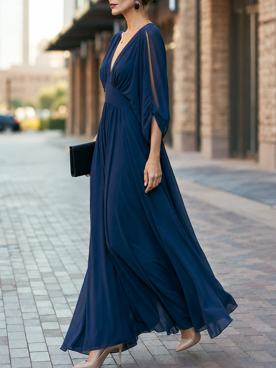 Deep V-Neck Split Sleeve Flowy Maxi Dress