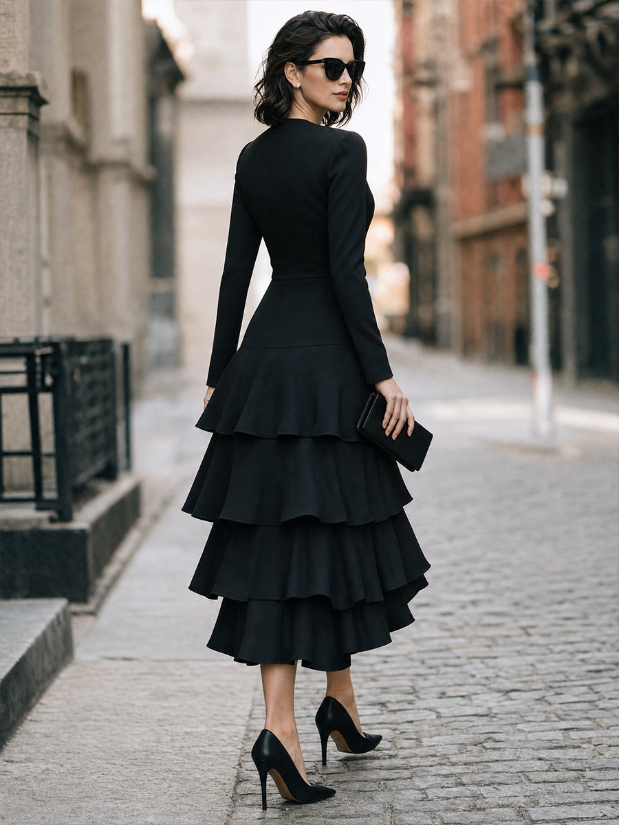 Elegant Long Sleeve Tiered Ruffle Midi Dress