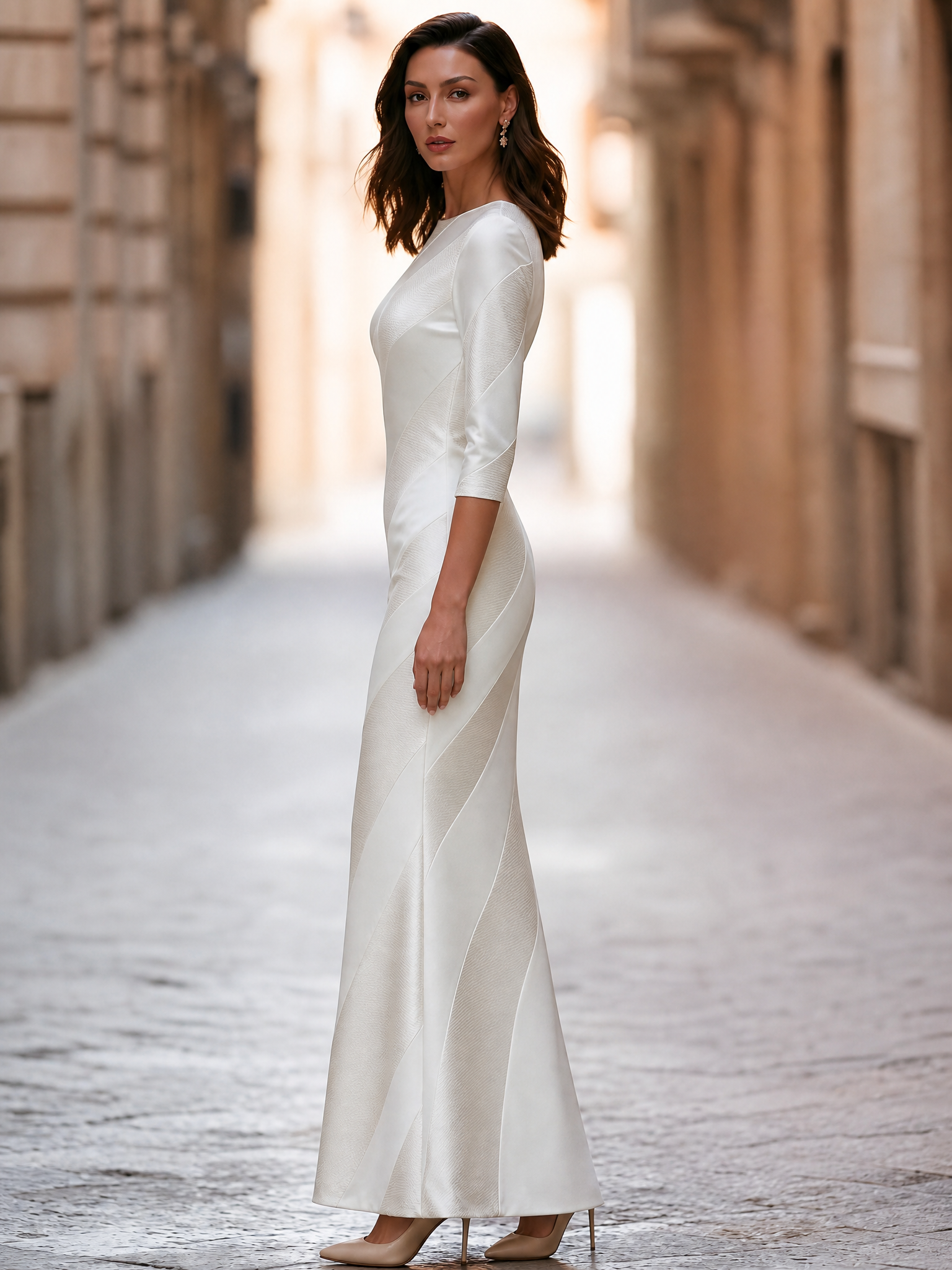 Elegant White Textured Long Sleeve Maxi Dress