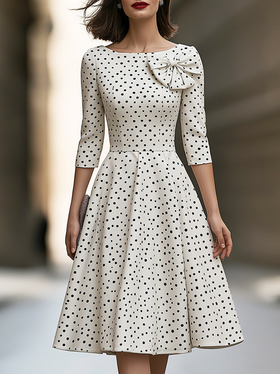 Elegant Polka Dot Bow Detail A-Line Midi Dress
