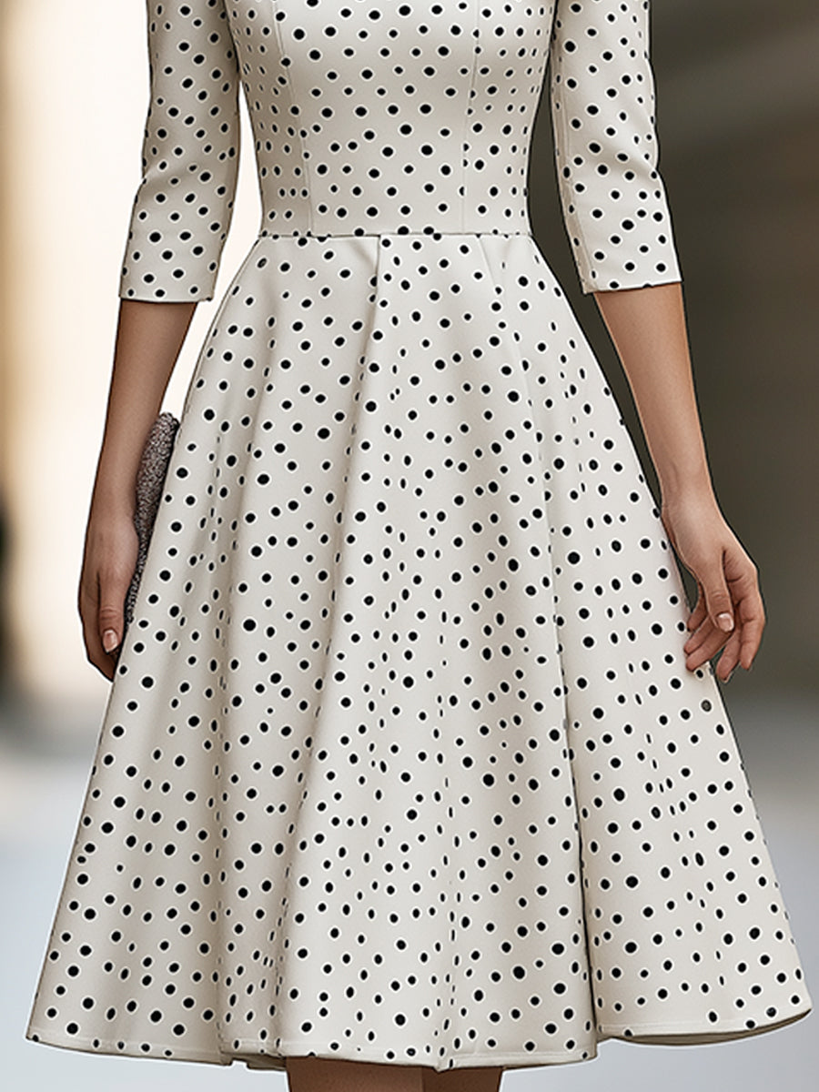 Elegant Polka Dot Bow Detail A-Line Midi Dress