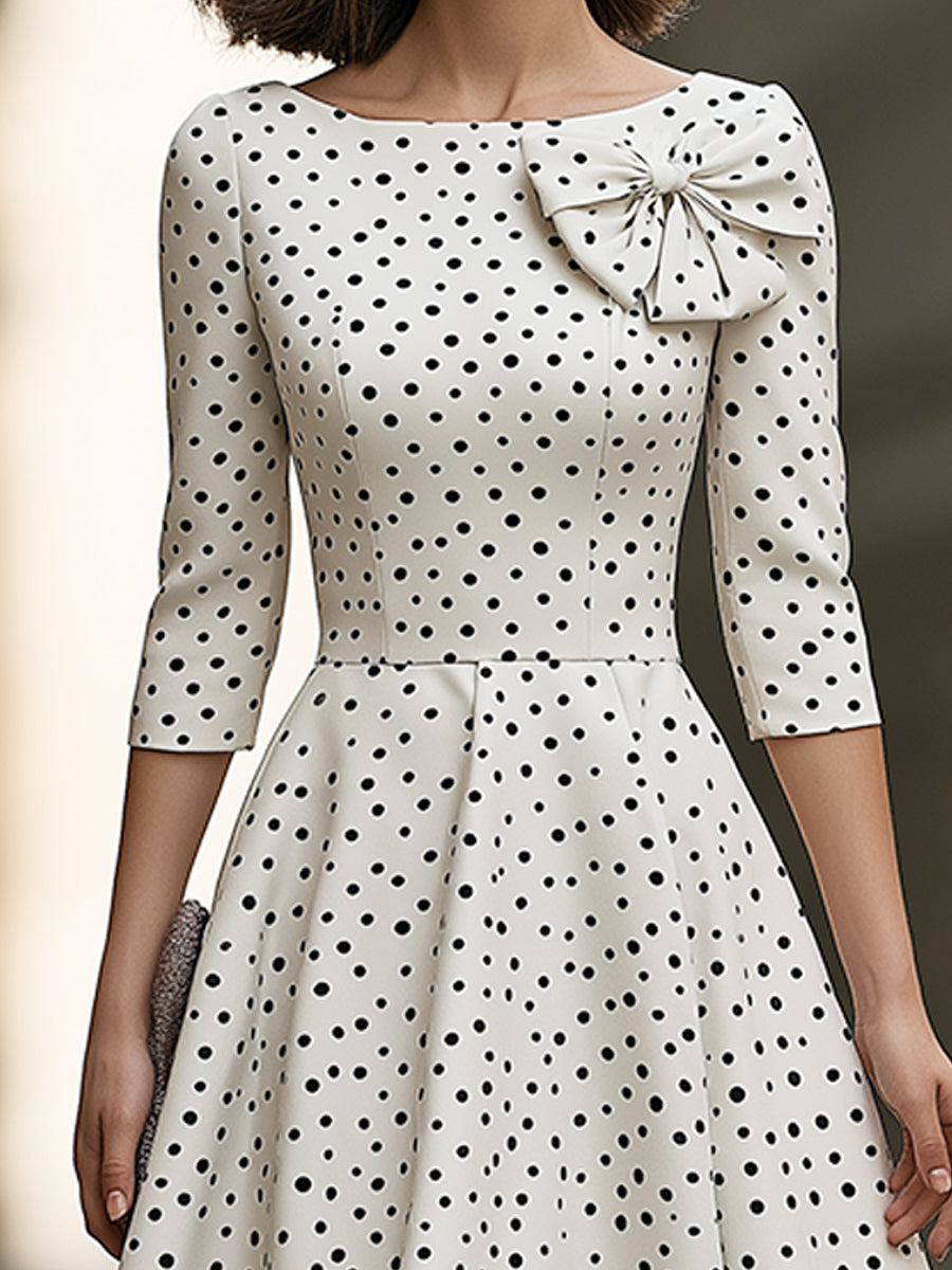 Elegant Polka Dot Bow Detail A-Line Midi Dress