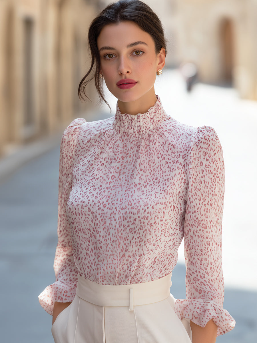 Elegant Printed High Neck Long Sleeve Blouse