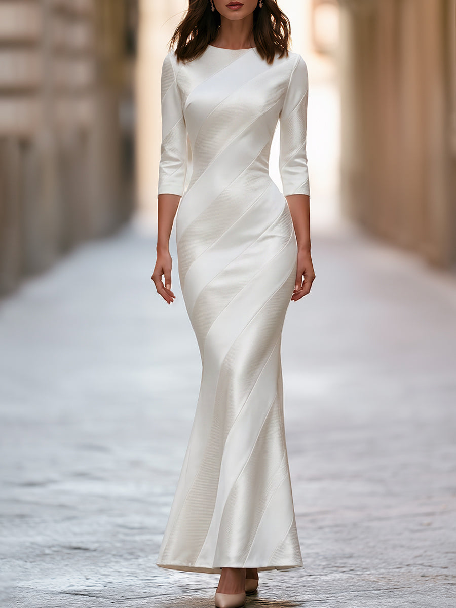 Elegant White Textured Long Sleeve Maxi Dress