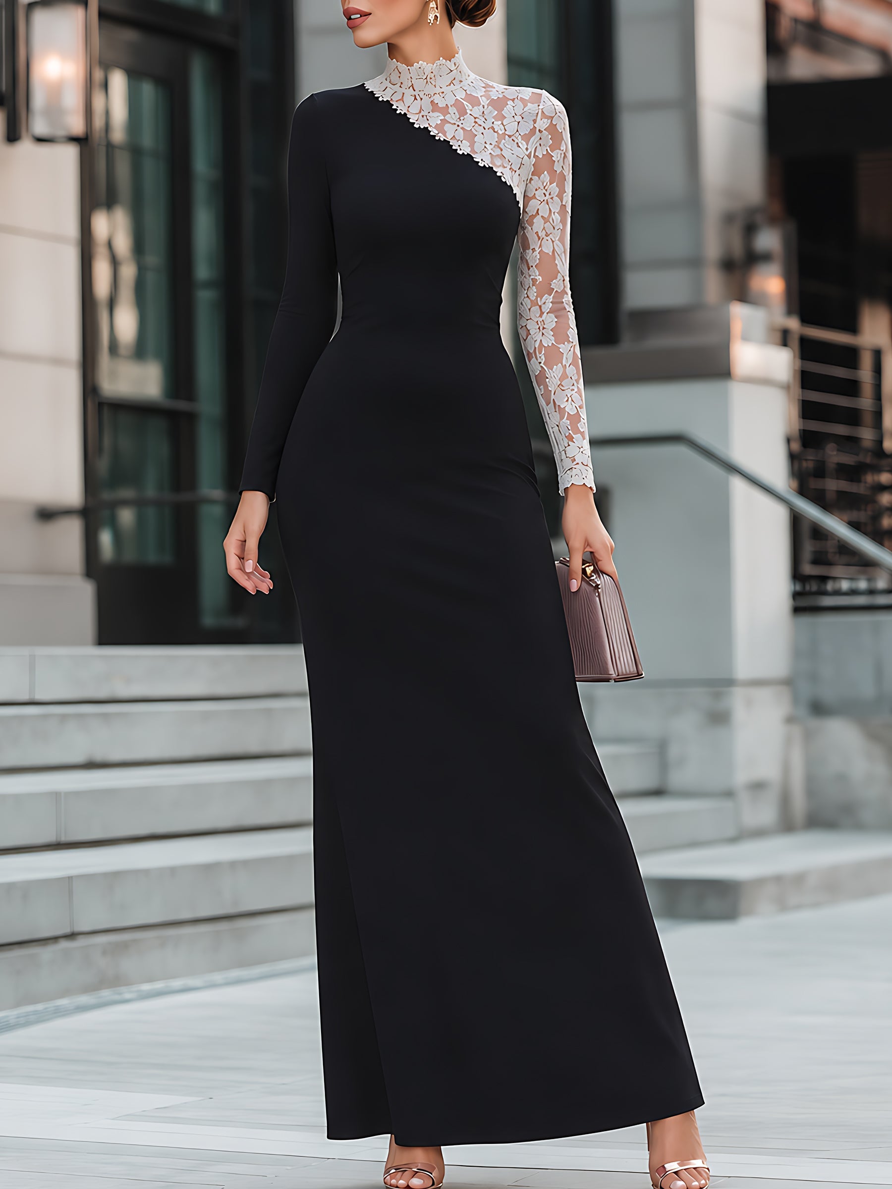 Asymmetric Lace-Spliced Maxi Dress
