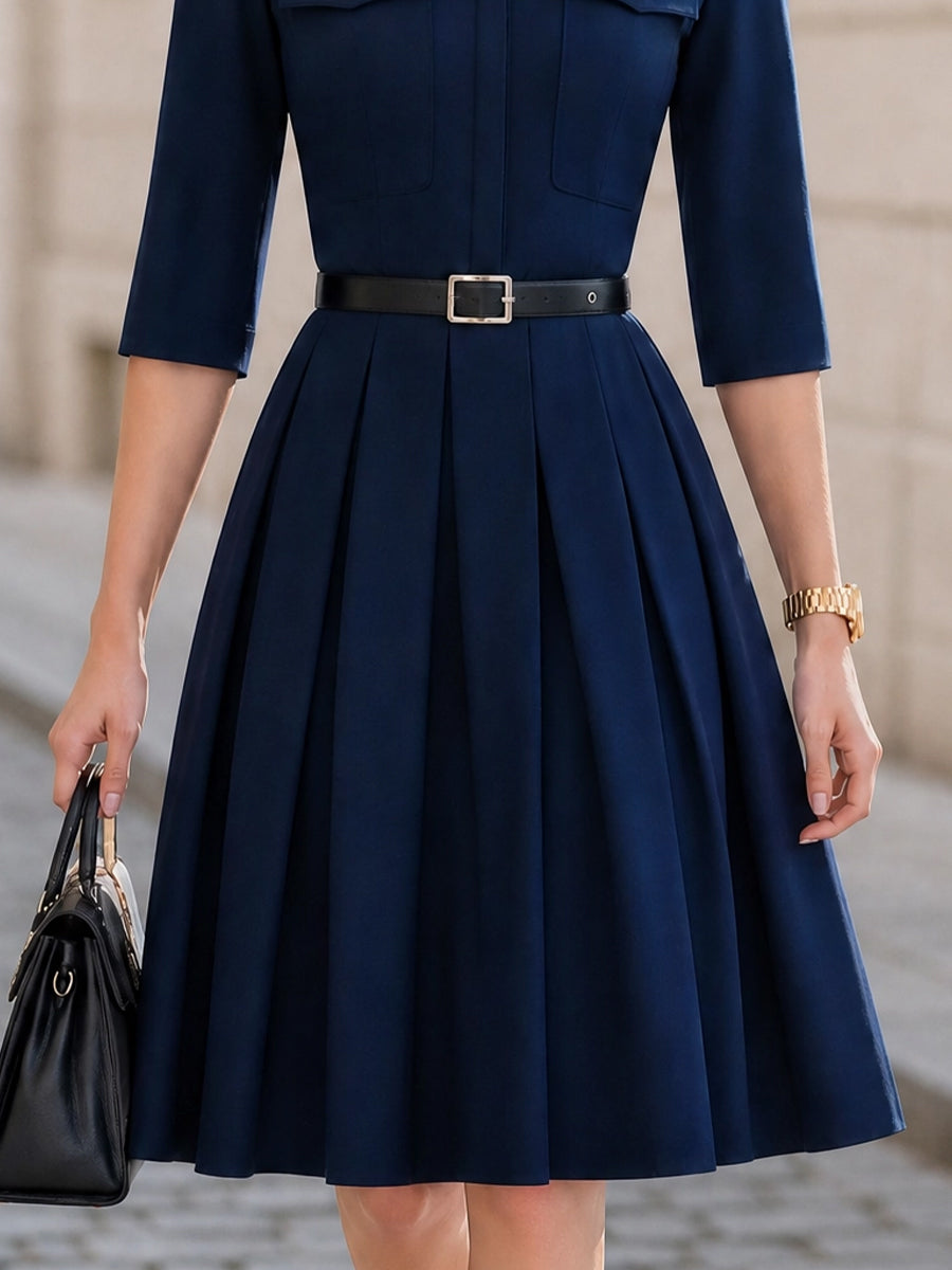 Mandarin Collar 3/4 Sleeve Belted Pleated Midi Dress